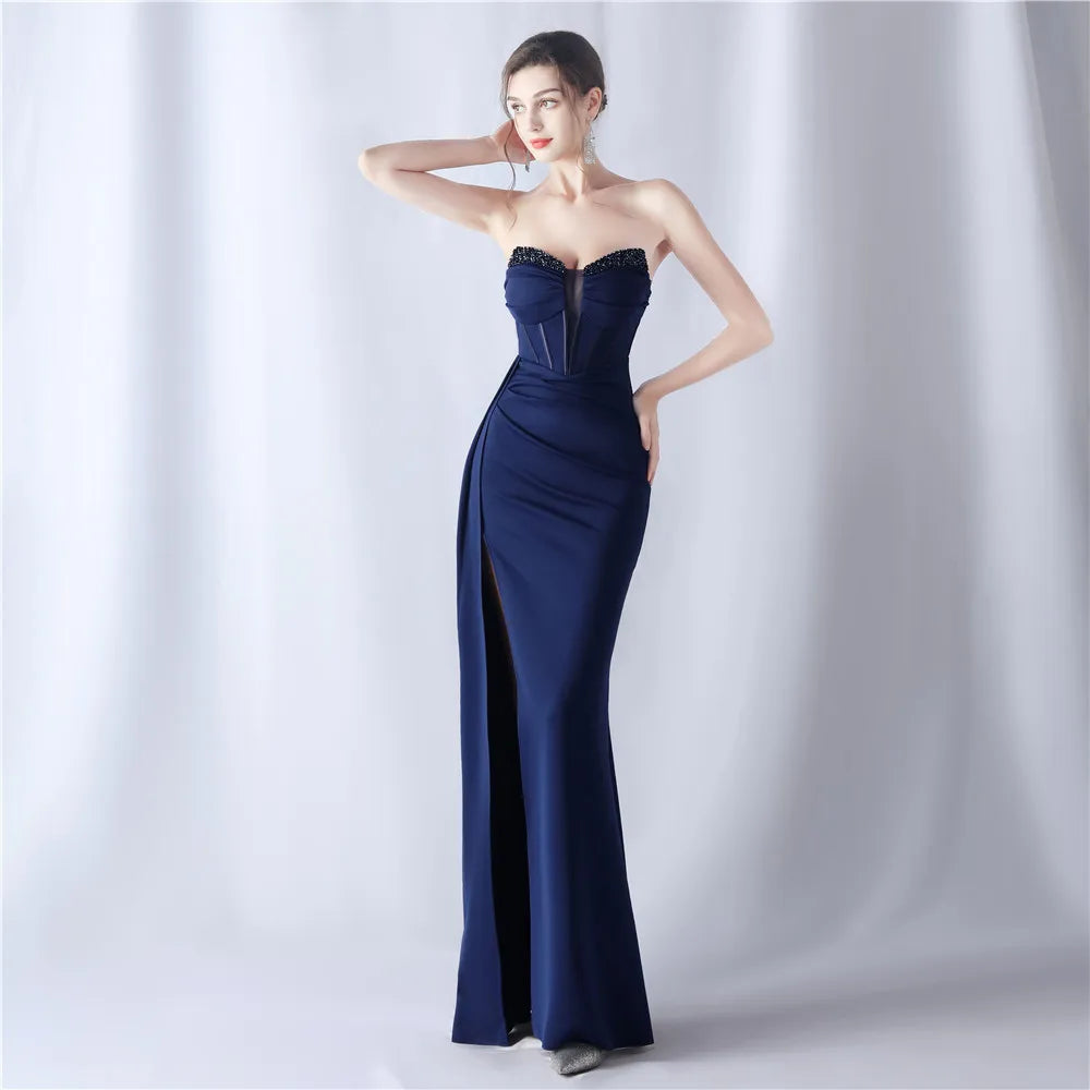 31525# Shaped Fishbone Cinched Waist Beads New High-end Evening Dress
