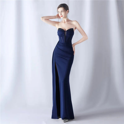 31525# Shaped Fishbone Cinched Waist Beads New High-end Evening Dress