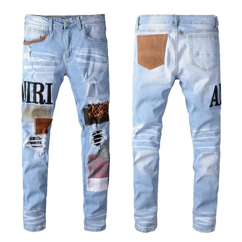 In Stock AM Jeans Men Embroidery Holes Gradient Splicing Trend Jeans High Street Pant Streetwear Fashion Men Denim Jeans