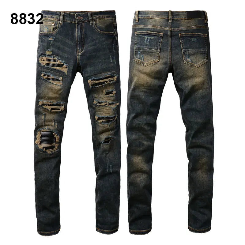 Factory Direct Skate Culture Stretch Denim Hand Distressed Abraded Reveal Intricate Crystal Embellishment Patch Skinny-Fit Jeans