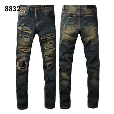 Factory Direct Skate Culture Stretch Denim Hand Distressed Abraded Reveal Intricate Crystal Embellishment Patch Skinny-Fit Jeans