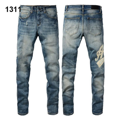 Factory Direct Skate Culture Stretch Denim Hand Distressed Abraded Reveal Intricate Crystal Embellishment Patch Skinny-Fit Jeans
