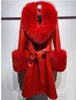 Women's Winter Long Genuine Sheep Leather Coat With Real Fox Fur Big Furry Collar Coats for Women