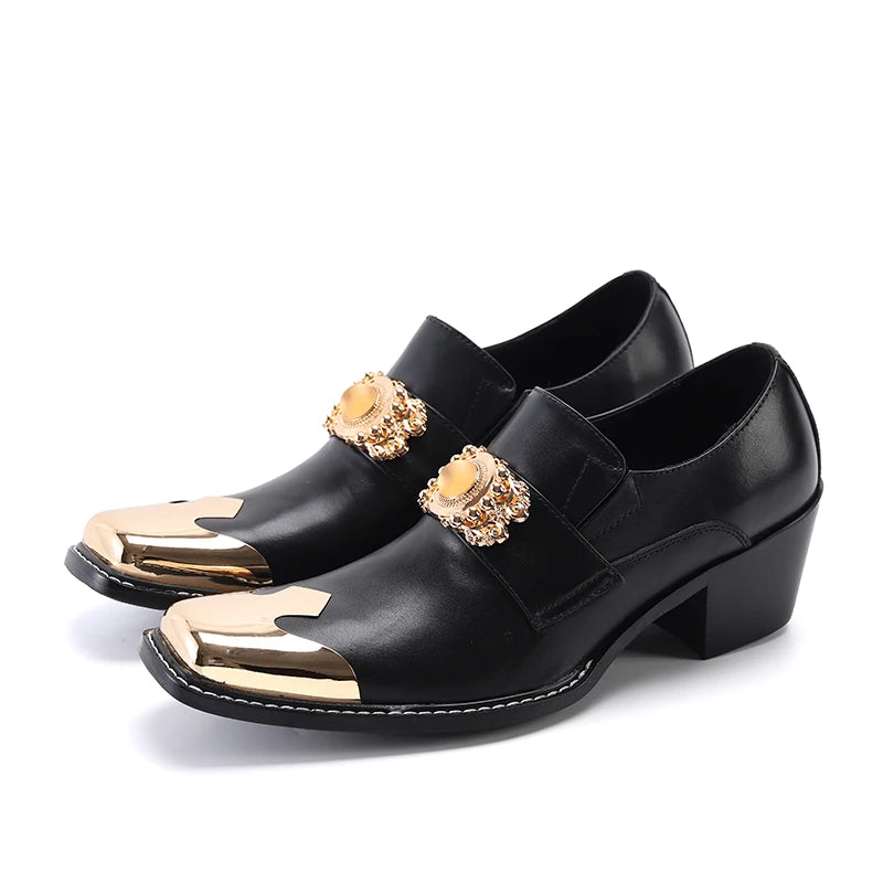 NA461 Luxury Gold Metal Charm Formal Men Leather Shoes Fashion Square Toe Party Dress Shoes Business Office Male Shoes Black