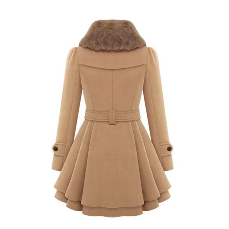 2025 Women's Popular Double-Breasted Woolen Trench Coat European Size Thin Casual Outerwear for Winter with Fur Decoration