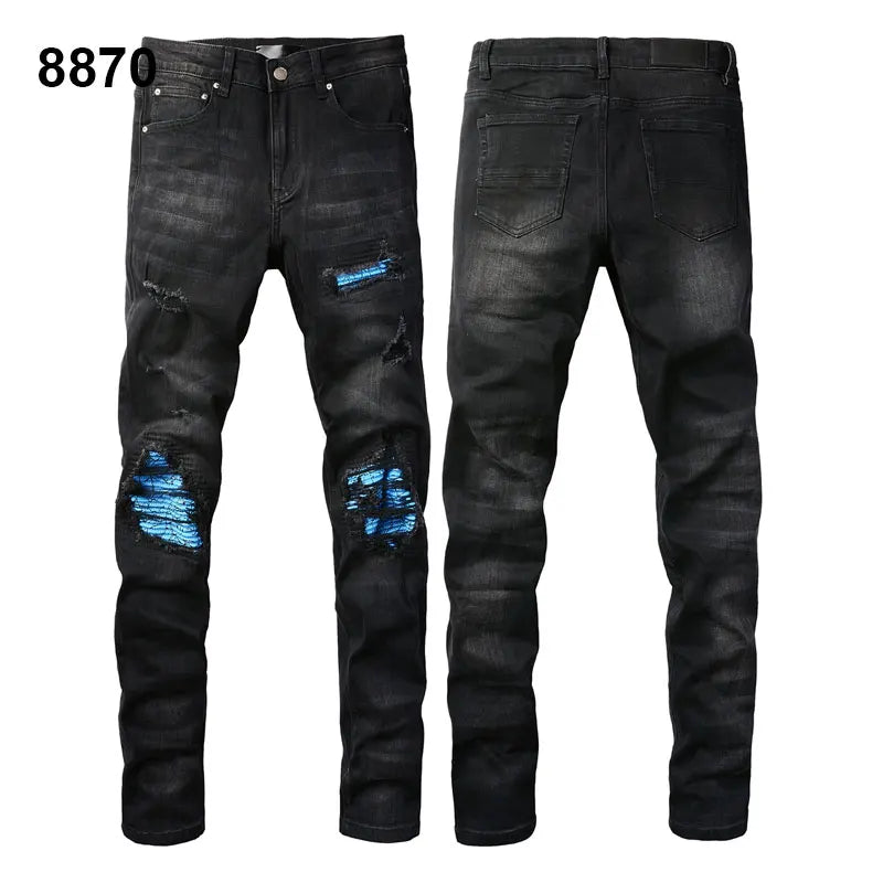 Factory Direct Skate Culture Stretch Denim Hand Distressed Abraded Reveal Intricate Crystal Embellishment Patch Skinny-Fit Jeans