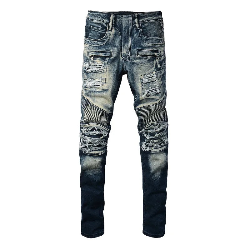 In Stock AM Jeans Men Embroidery Holes Gradient Splicing Trend Jeans High Street Pant Streetwear Fashion Men Denim Jeans