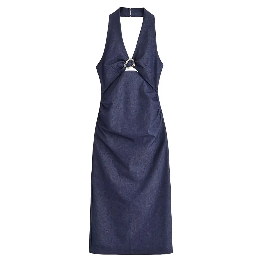 Women 2025 Summer New Chic Fashion Open-cut Halter Backless Midi Dress Vintage Sleeveless Casual Female Dresses Mujer