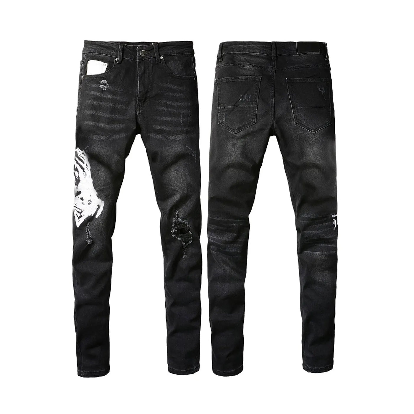 Factory Direct Skate Culture Stretch Denim Hand Distressed Abraded Reveal Intricate Crystal Embellishment Patch Skinny-Fit Jeans