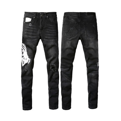 Factory Direct Skate Culture Stretch Denim Hand Distressed Abraded Reveal Intricate Crystal Embellishment Patch Skinny-Fit Jeans