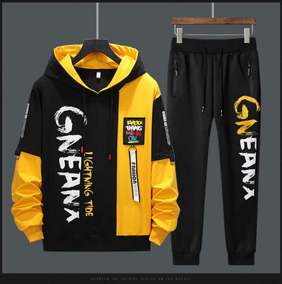 Men Tracksuit Sweat Suits Mens Patchwork 2 Piece Hoodie+Pants Set Hip Sweatpants Hop Fashion Streetwear Sports Clothing Set 4XL