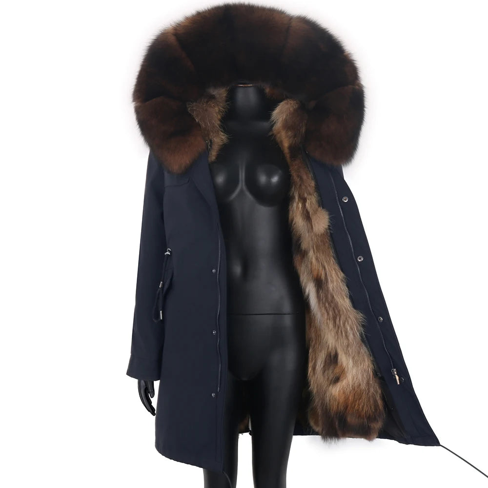 2024 New Winter Jacket Women X-Long Parka Waterproof Big Natural Raccoon Fur Collar Hood Real Fur Coat Thick Warm Real Fox Fur