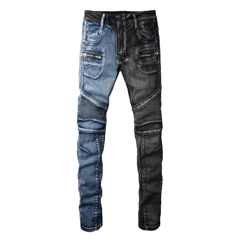 In Stock AM Jeans Men Embroidery Holes Gradient Splicing Trend Jeans High Street Pant Streetwear Fashion Men Denim Jeans