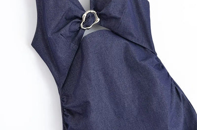 Women 2025 Summer New Chic Fashion Open-cut Halter Backless Midi Dress Vintage Sleeveless Casual Female Dresses Mujer