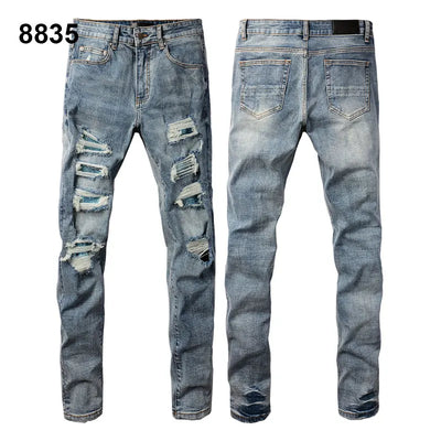 Factory Direct Skate Culture Stretch Denim Hand Distressed Abraded Reveal Intricate Crystal Embellishment Patch Skinny-Fit Jeans