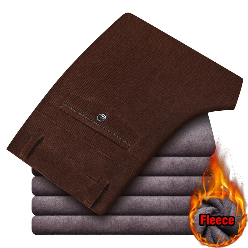 Winter Men's Fleece Corduroy Pants Business Fashion Classic Style Thick Warm Stretch Trousers Male Brand Clothing