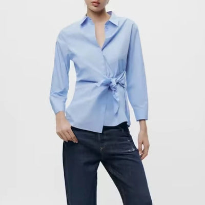 KAR&OT ZA 2025 Women's Spring New Poplin Shirt Single-Breasted Knot Lace-up Button Irregular Slim Fit Top 9479306 Summer