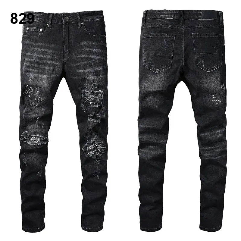 Factory Direct Skate Culture Stretch Denim Hand Distressed Abraded Reveal Intricate Crystal Embellishment Patch Skinny-Fit Jeans