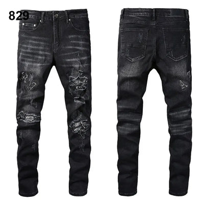 Factory Direct Skate Culture Stretch Denim Hand Distressed Abraded Reveal Intricate Crystal Embellishment Patch Skinny-Fit Jeans