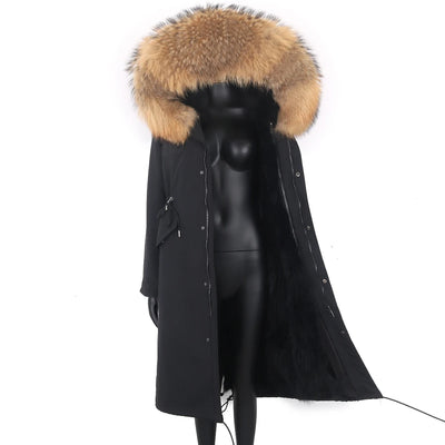 2024 New Winter Jacket Women X-Long Parka Waterproof Big Natural Raccoon Fur Collar Hood Real Fur Coat Thick Warm Real Fox Fur