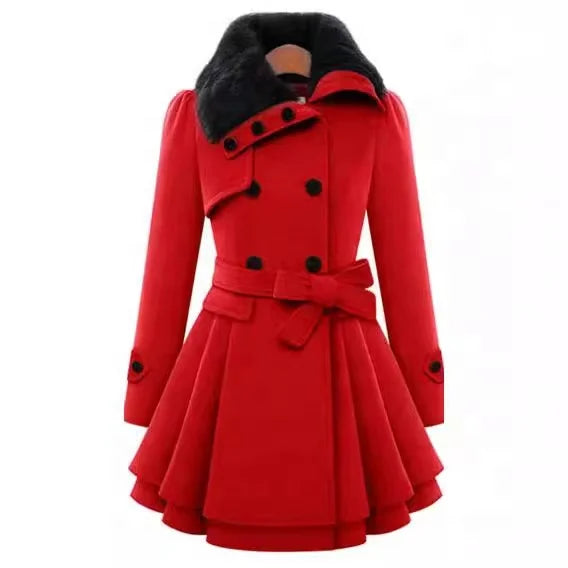 2025 Women's Popular Double-Breasted Woolen Trench Coat European Size Thin Casual Outerwear for Winter with Fur Decoration