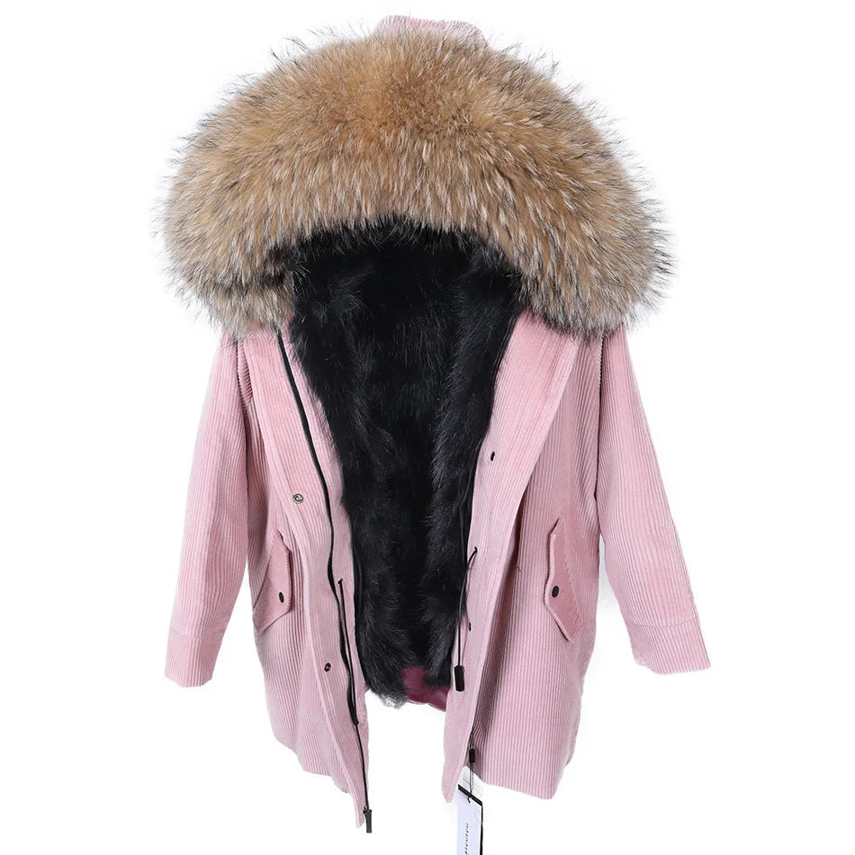 MAOMAOKONG 2022 Winter Parkas With Natural Real Raccoon Fur Collar Women Fur Coat CorduroyWarm Long Jacket Female Clothing