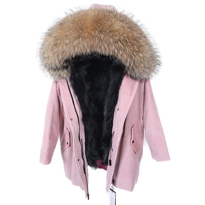 MAOMAOKONG 2022 Winter Parkas With Natural Real Raccoon Fur Collar Women Fur Coat CorduroyWarm Long Jacket Female Clothing
