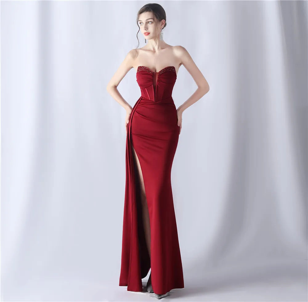 31525# Shaped Fishbone Cinched Waist Beads New High-end Evening Dress