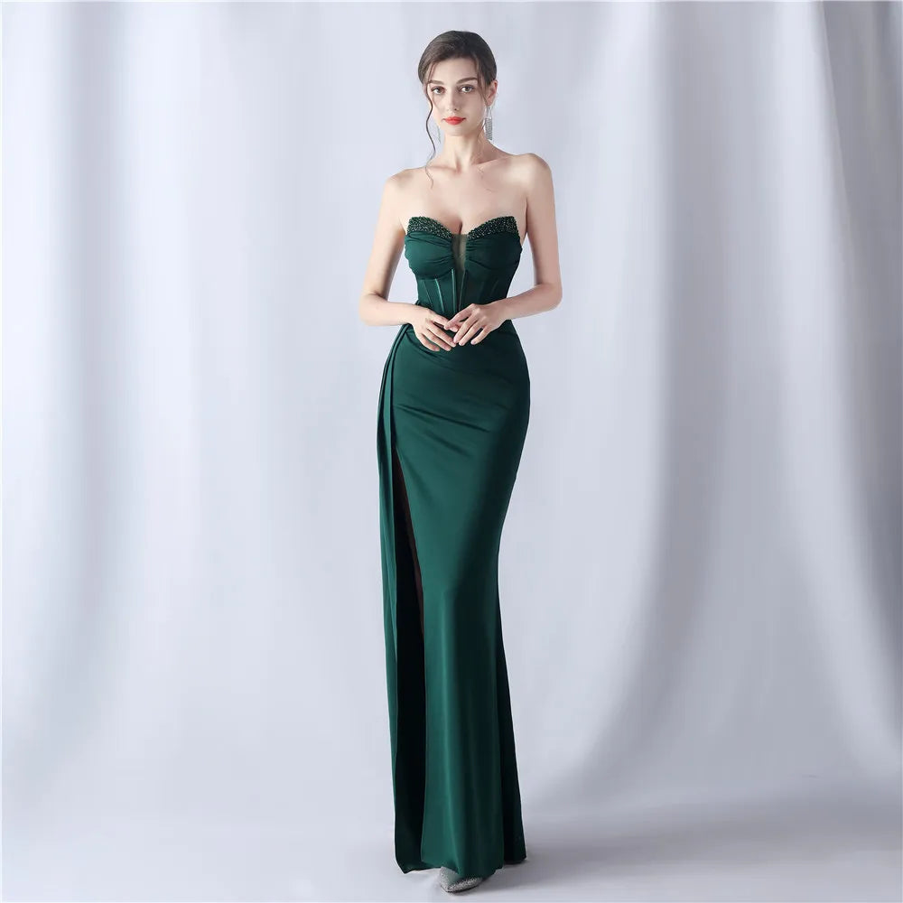 31525# Shaped Fishbone Cinched Waist Beads New High-end Evening Dress