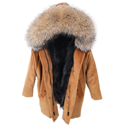 MAOMAOKONG 2022 Winter Parkas With Natural Real Raccoon Fur Collar Women Fur Coat CorduroyWarm Long Jacket Female Clothing