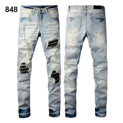 Factory Direct Skate Culture Stretch Denim Hand Distressed Abraded Reveal Intricate Crystal Embellishment Patch Skinny-Fit Jeans