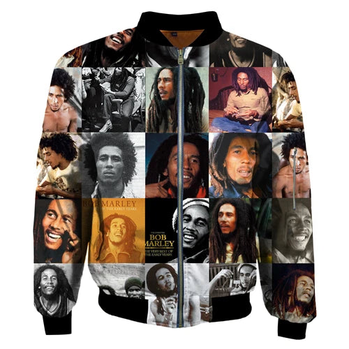 Hip hop Men's Warm bomber jacket Reggae Bob Marley Print 3d Thick winter Long Sleeve pocket outwear Unisex Casual Zip Jacket