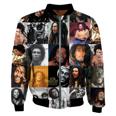 Hip hop Men's Warm bomber jacket Reggae Bob Marley Print 3d Thick winter Long Sleeve pocket outwear Unisex Casual Zip Jacket
