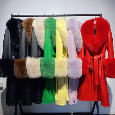 Women's Winter Long Genuine Sheep Leather Coat With Real Fox Fur Big Furry Collar Coats for Women