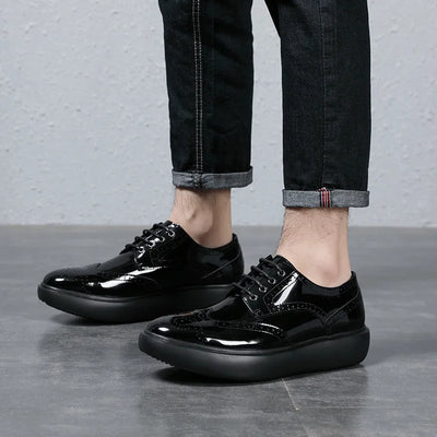 British Men Wing Tip Brogue Shoes Thick Platform Lace Up Business Man Casual Dress Shoes High Quality Genuine Leather Shoes