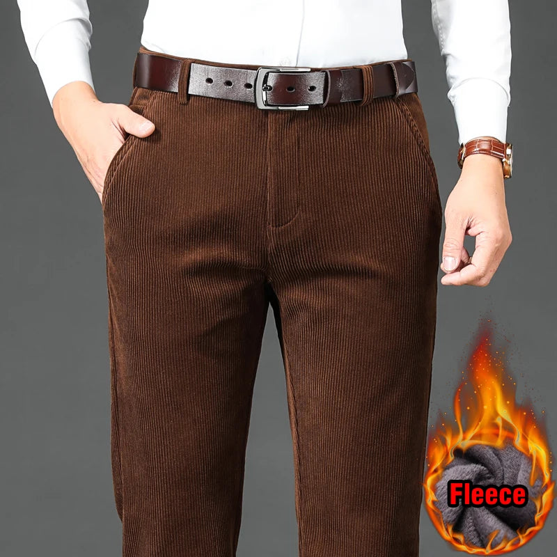 Winter Men's Fleece Corduroy Pants Business Fashion Classic Style Thick Warm Stretch Trousers Male Brand Clothing