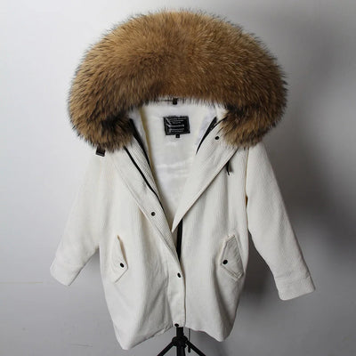 MAOMAOKONG 2022 Winter Parkas With Natural Real Raccoon Fur Collar Women Fur Coat CorduroyWarm Long Jacket Female Clothing