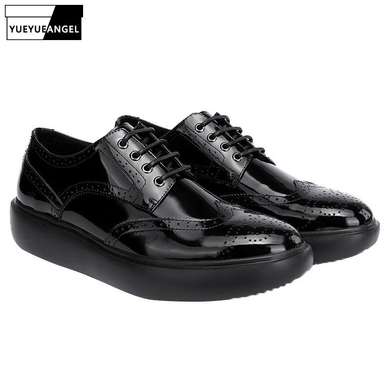 British Men Wing Tip Brogue Shoes Thick Platform Lace Up Business Man Casual Dress Shoes High Quality Genuine Leather Shoes