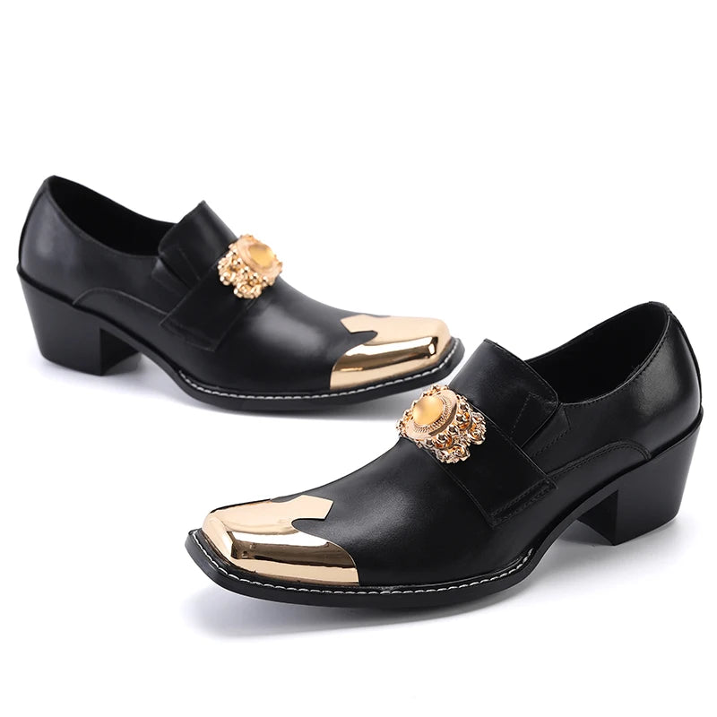 NA461 Luxury Gold Metal Charm Formal Men Leather Shoes Fashion Square Toe Party Dress Shoes Business Office Male Shoes Black