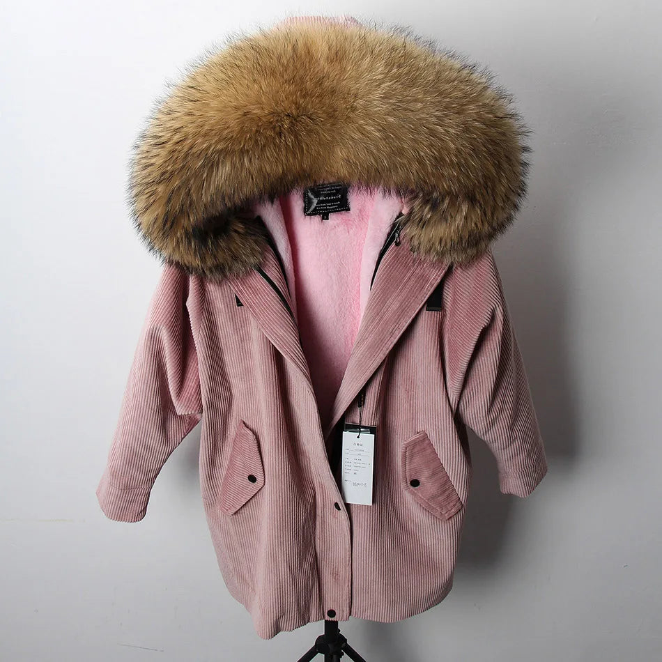 MAOMAOKONG 2022 Winter Parkas With Natural Real Raccoon Fur Collar Women Fur Coat CorduroyWarm Long Jacket Female Clothing