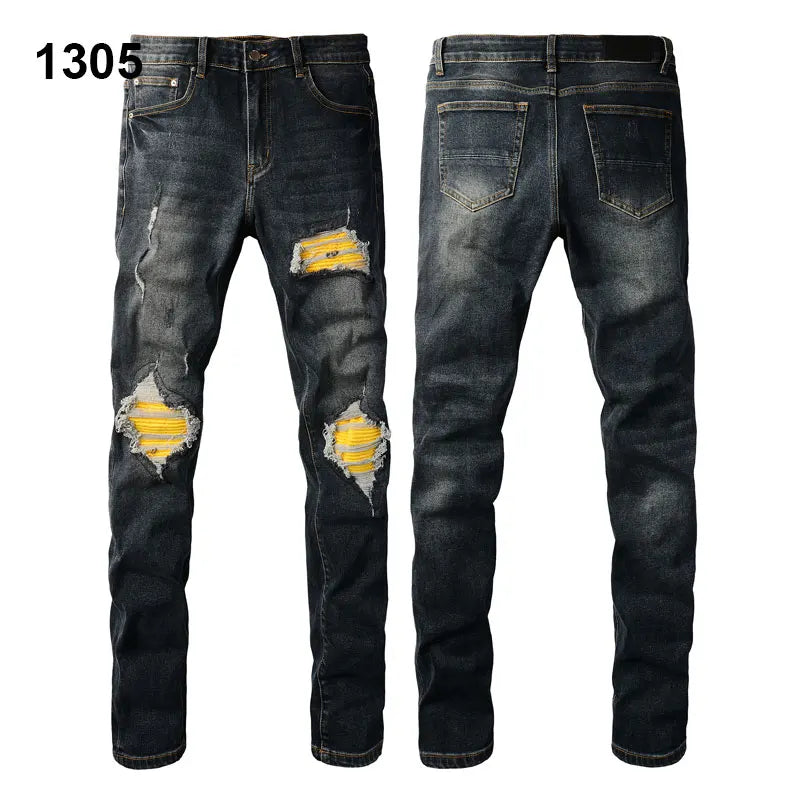 Factory Direct Skate Culture Stretch Denim Hand Distressed Abraded Reveal Intricate Crystal Embellishment Patch Skinny-Fit Jeans