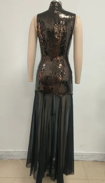 SB3416 Kimshein High Quality Women Fashion High Neck Sequin Dresses Sexy Mesh Evening Birthday Dresses