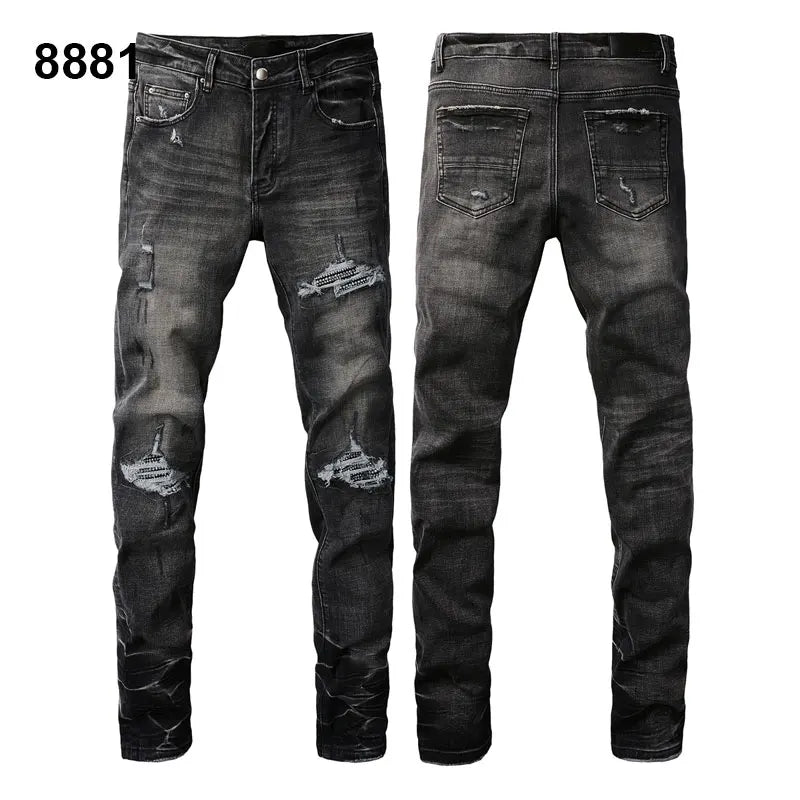 Factory Direct Skate Culture Stretch Denim Hand Distressed Abraded Reveal Intricate Crystal Embellishment Patch Skinny-Fit Jeans