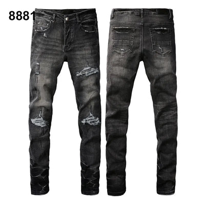 Factory Direct Skate Culture Stretch Denim Hand Distressed Abraded Reveal Intricate Crystal Embellishment Patch Skinny-Fit Jeans