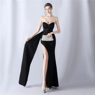 31525# Shaped Fishbone Cinched Waist Beads New High-end Evening Dress