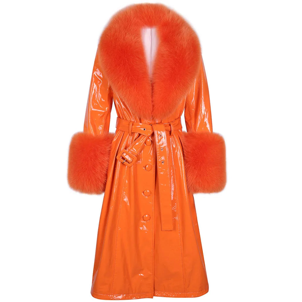 Women's Winter Long Genuine Sheep Leather Coat With Real Fox Fur Big Furry Collar Coats for Women