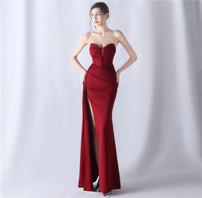 31525# Shaped Fishbone Cinched Waist Beads New High-end Evening Dress