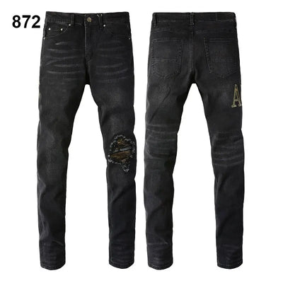 Factory Direct Skate Culture Stretch Denim Hand Distressed Abraded Reveal Intricate Crystal Embellishment Patch Skinny-Fit Jeans