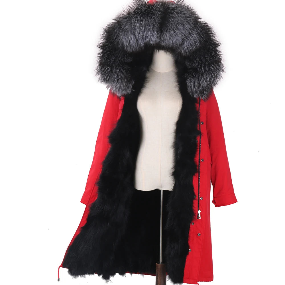 2024 New Winter Jacket Women X-Long Parka Waterproof Big Natural Raccoon Fur Collar Hood Real Fur Coat Thick Warm Real Fox Fur