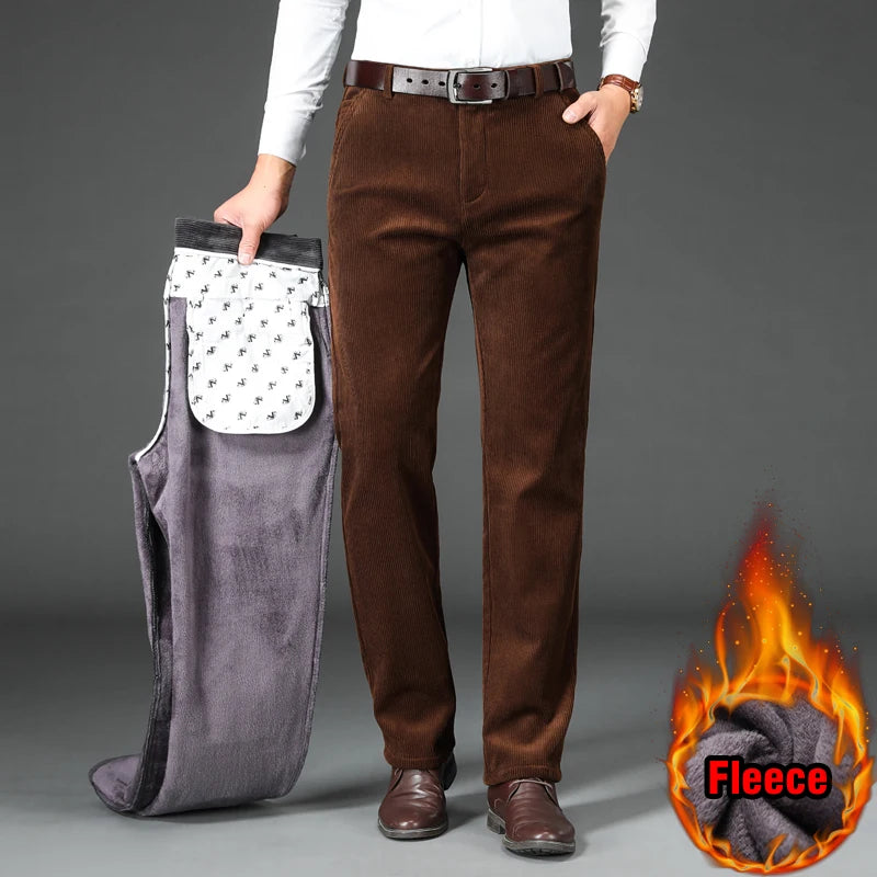 Winter Men's Fleece Corduroy Pants Business Fashion Classic Style Thick Warm Stretch Trousers Male Brand Clothing